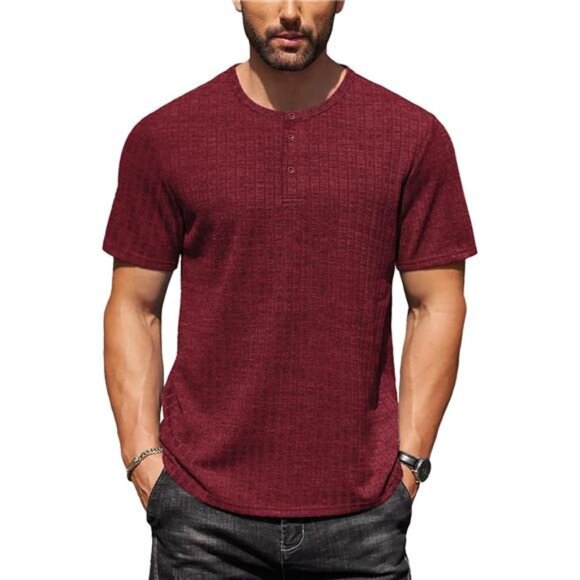 Men's Henley Shirts Short Sleeve Casual Basic Wine Red - Picture 1 of 6